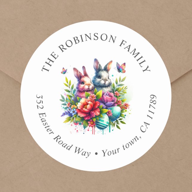 Étiquette de retour d'adresse florale de Pâques Bu (Cute easter bunny, easter eggs, floral, easter return address label sticker.)