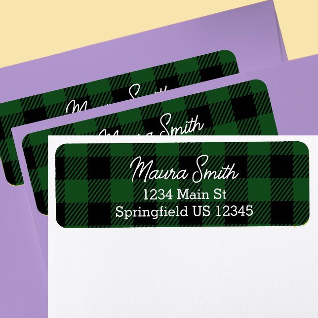 Étiquette de retour d'adresse plaid de buffle vert (Créateur téléchargé)