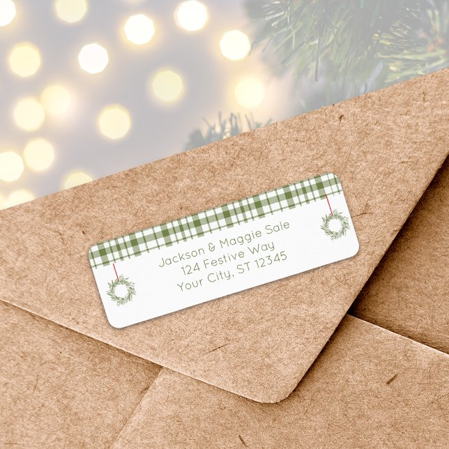 Étiquette de retour de la couronne de Noël Rustiqu (Rustic Plaid Christmas Wreath Return Address Label
)