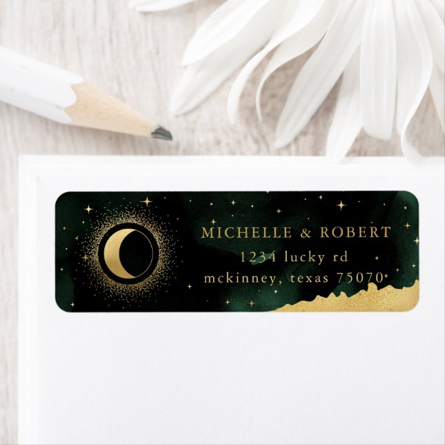 Étiquette de retour de la lune d'or d'émeraude cél (En situation)