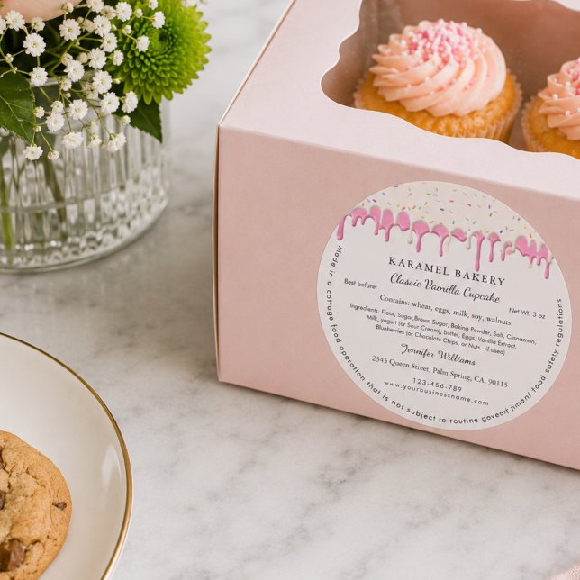 Étiquette de ruissellement de glaçage vanille rose (Pink Vainilla Frosting Drip Label Cottage Bakery)