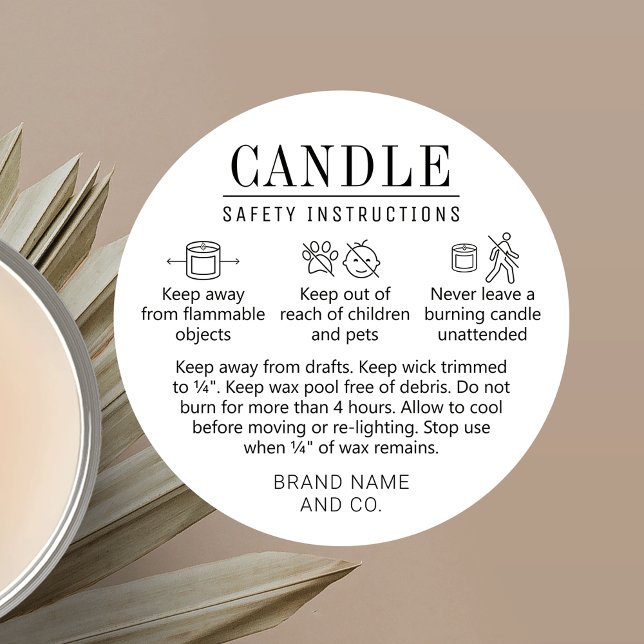 Étiquette De Sécurité Des Bougies Avec Icônes Simp (Minimal candle safety stickers with care icons and fully editable text and colors)