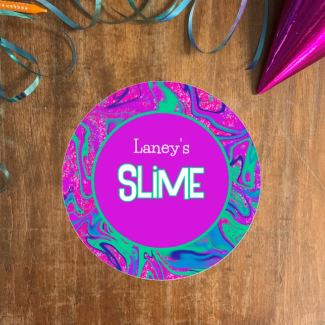 Étiquette de slime personnalisée, Fête de slime fu (Customize this template label, vibrant purple n teal with faux glitter for slime party or homemade)