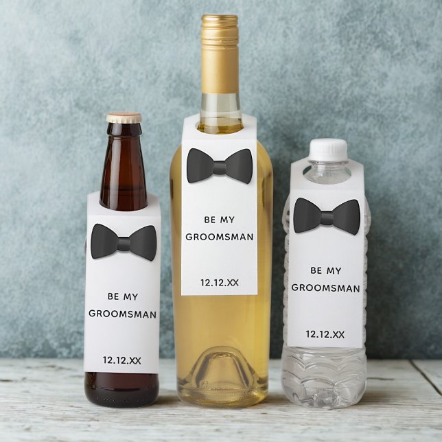 Étiquette de suspension de bouteille de propositio (A fun bow tie bottle tag with space for your wedding date)