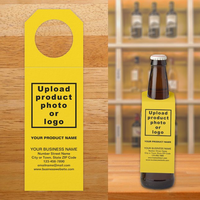 Étiquette de suspension pour bouteille jaune de pr (Yellow bottle hanger tag for the product of your business.)