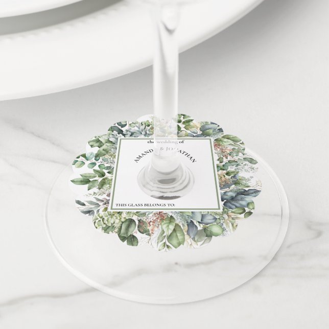Étiquette de verre à vin de mariage à la verdure à (De près)