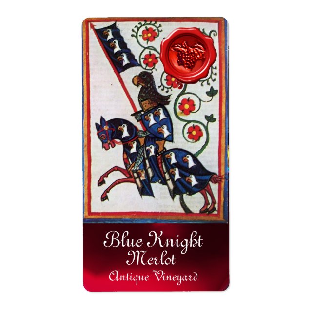 ÉTIQUETTE DE VIN CHEVAL CHEVAL BLEU KNIGHT, SCEAU  (Devant)