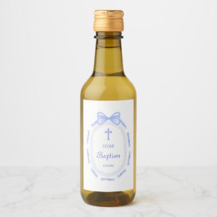 Étiquette de vin de baptême avec ruban à nœud bleu