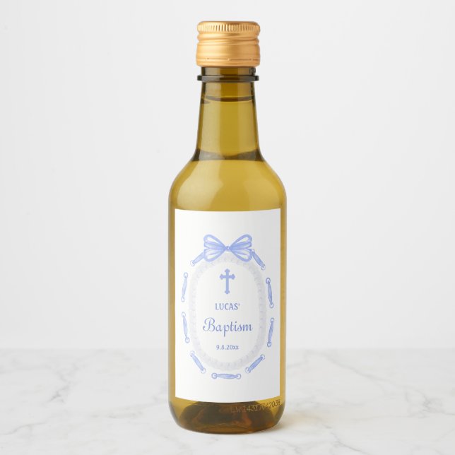 Étiquette de vin de baptême avec ruban à nœud bleu (Devant)