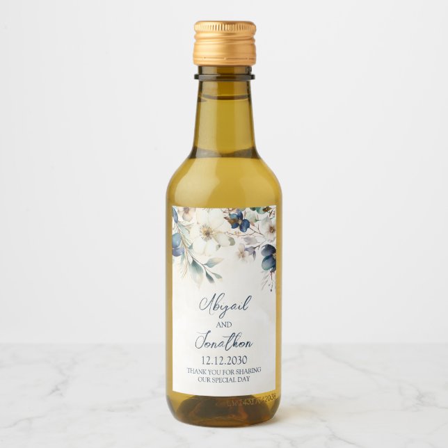 Étiquette de vin de mariage d'hiver floral bleu él (Devant)