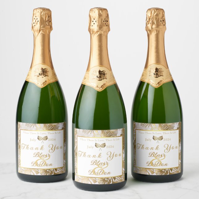 Étiquette de vin de mariage élégante Monstera doré (Bouteilles)