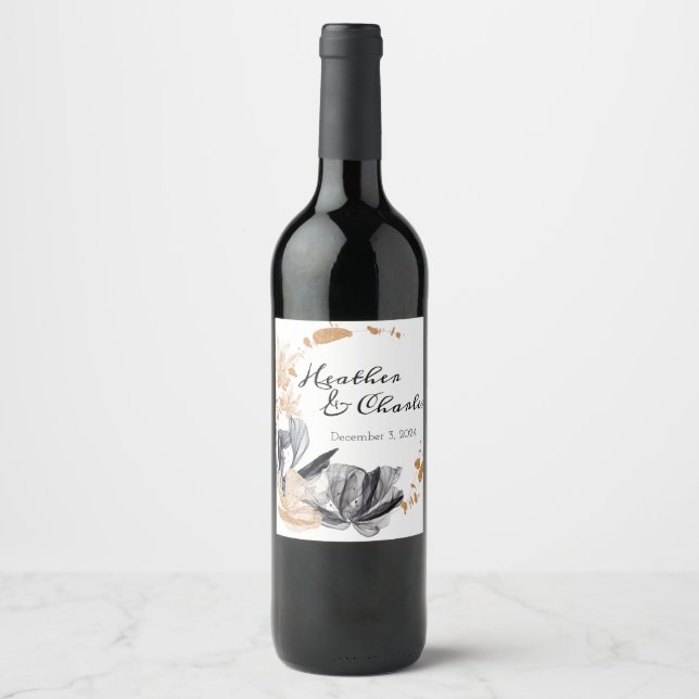 Étiquette de vin de mariage Fleurs de fumée noires (Devant)