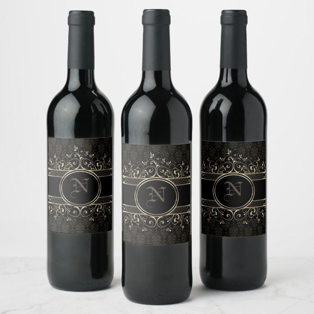 Étiquette de vin gothique ornée monogramme noir et (Bouteilles)