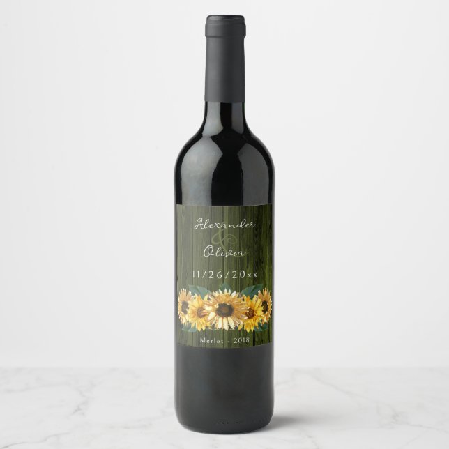 Étiquette de vin Mariage de tournesol vert rustiqu (Devant)