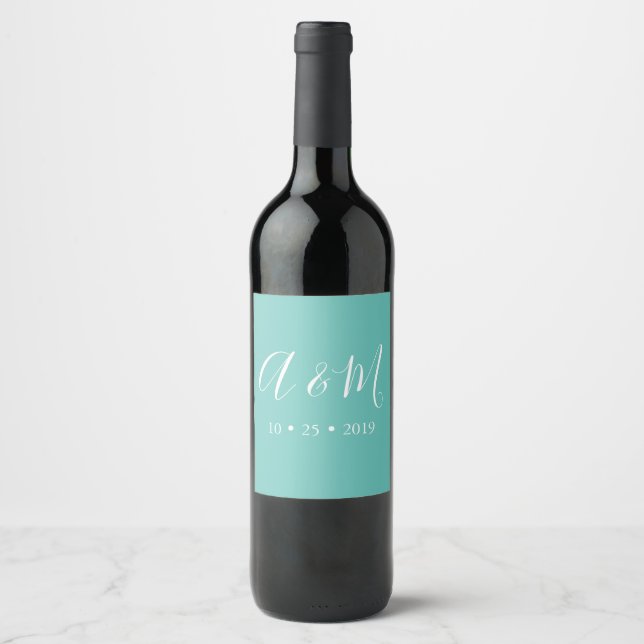 étiquette de vin mariage monogramme turquoise (Devant)