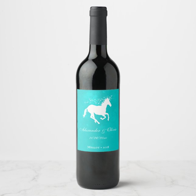 Étiquette de vin Mariage Unicorne Turquoise (Devant)