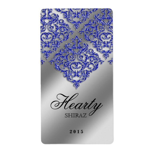 Étiquette de vin Xmas Mariage damassé Sparkle Blue (Devant)
