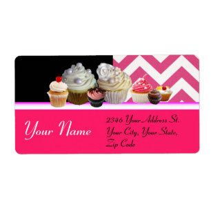 Étiquette DÉLICIEUX CUPCAKES DESERT SHOP, Chevron Rose Blanc