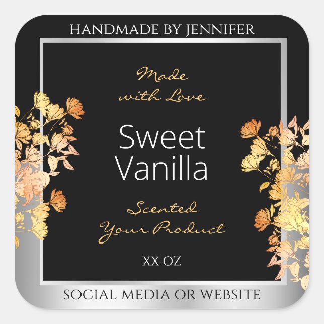 Étiquette d'emballage de produits floraux noirs Or (Devant)