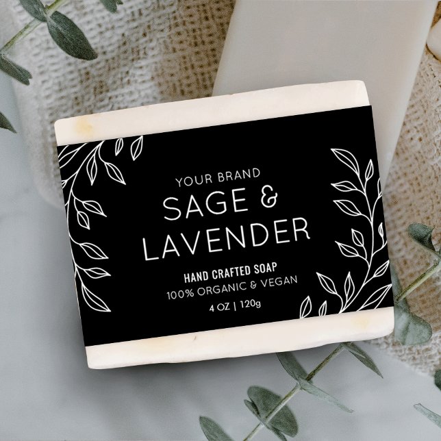Étiquette d'emballage de savonnette noir et blanc  (Simple Floral Black & White Soap Bar Wrapper Label)
