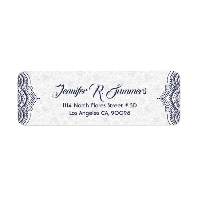 Étiquette Dentelle florale bleu foncé Damas blancs (Devant)