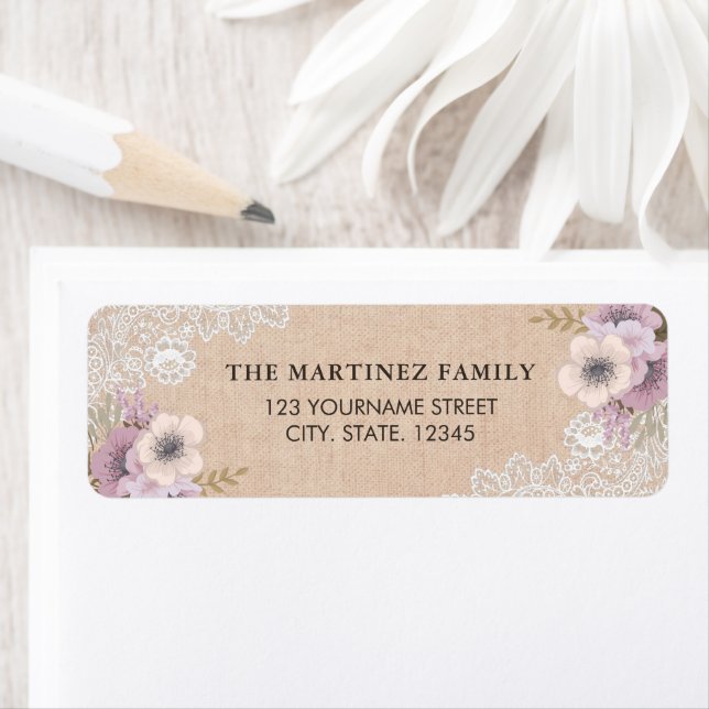 Étiquette Dentelle Rustique Burlap Rose Floral (En situation)