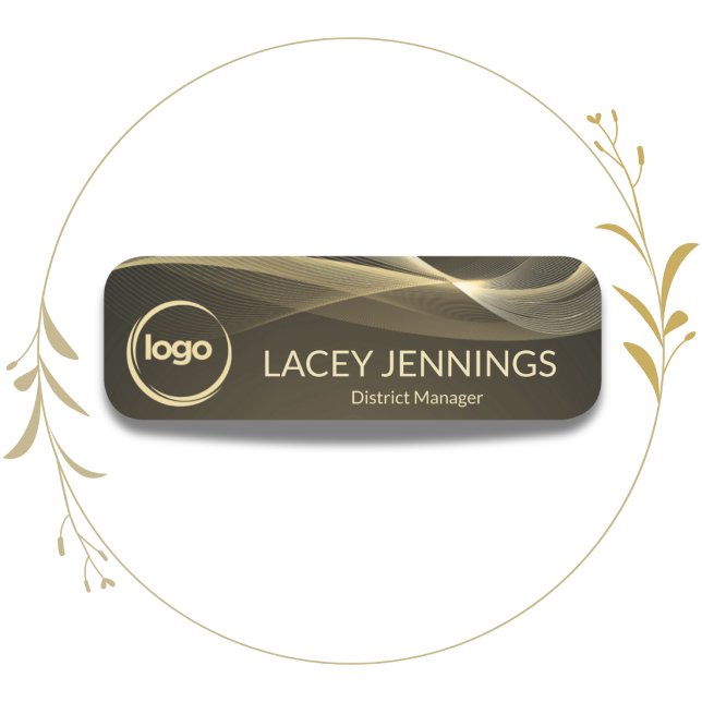 Étiquette d'entreprise pour employé élégante moder (Black and "gold tone" accents are featured on this modern professional employee name tag with logo)
