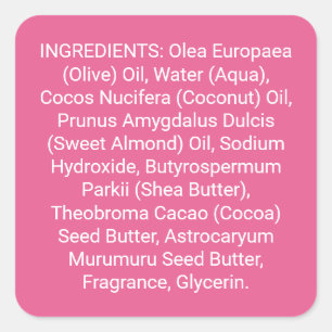 Étiquette des ingrédients de savon de soins de la