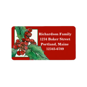 Étiquette Dessin botanique Holly de Noël Rouge