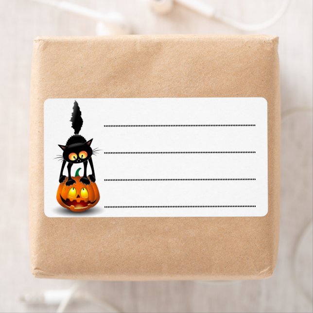 Étiquette Dessin d'Halloween au chat effrayé sur Citrouille (En situation)