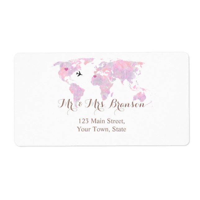 Étiquette Destination Mariage Voyage Aquarelle Carte du mond (Devant)