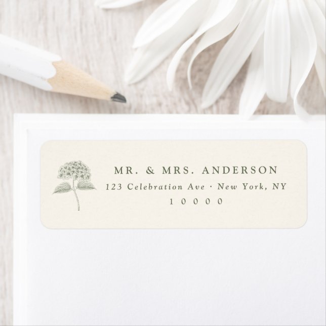Étiquette Détails de mariage vintage avec hydrangea sauge (En situation)