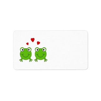 Étiquette Deux grenouilles vertes au coeur rouge.