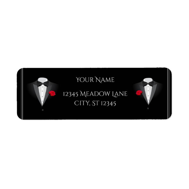 Étiquette Deux Tuxedos avec Red Rose Mariage Adresse de reto (Devant)