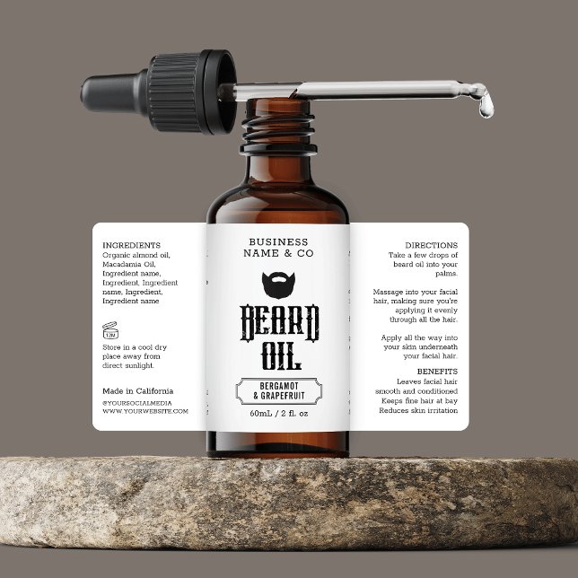Étiquette d'huile de barbe grungy Mens Emballage d (Modern beard oil men skincare product label with ingredients - can suit 2 OZ bottles *verify size)