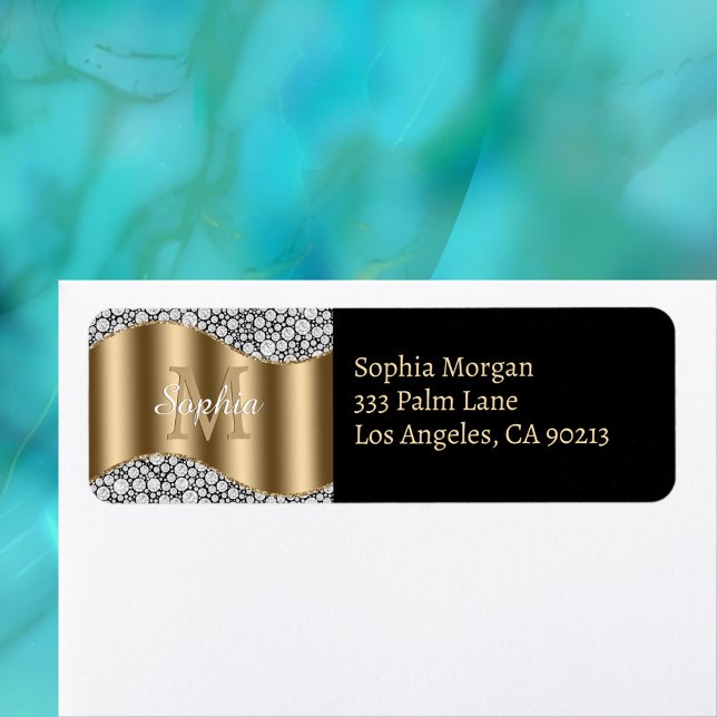Étiquette Diamants de glam, Monogramme d'or, nom et adresse (Créateur téléchargé)