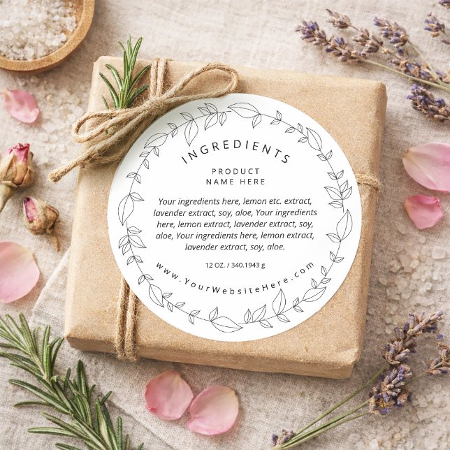 Étiquette d'ingrédients Couronne minimaliste Noir  (Simple Modern Asymmetrical Wreath Ingredients Classic Round Sticker)