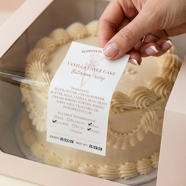 Étiquette d'ingrédients de boulangerie et d'alimen (Piping Bag Bakery Ingredients & Allergy Food Label)