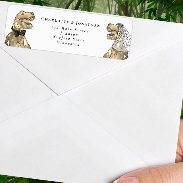 Étiquette Dinosaur Mariage thématisé Adresse de retour (T-Rex bride and groom dinosaur black and white wedding return address label)
