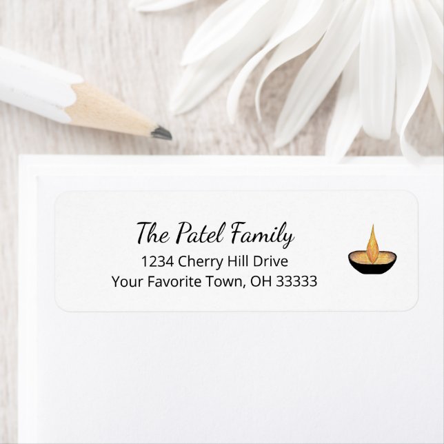 Étiquette Diwali Elegant Diya Lampe flamme retour Adresse (En situation)