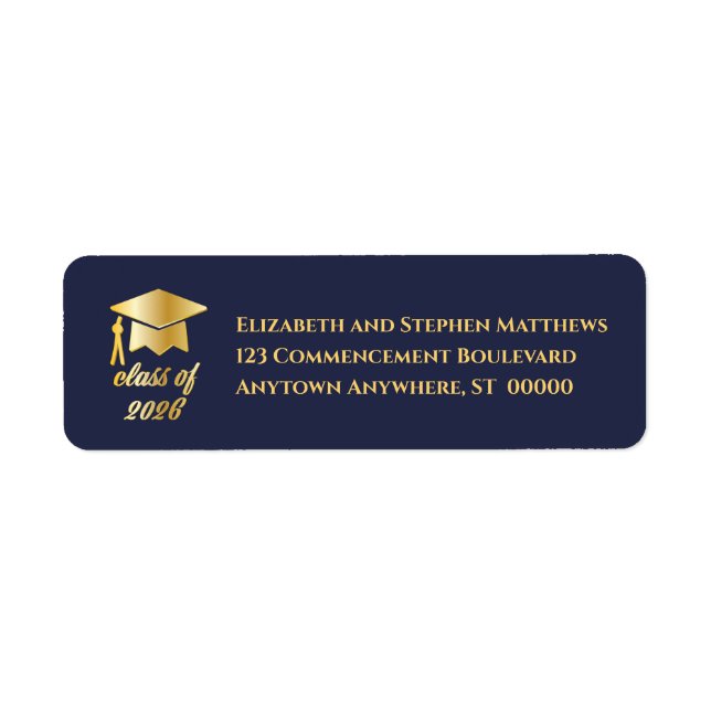 Étiquette Dk Blue | Gold Class of 2026 Graduation Cap Label (Devant)
