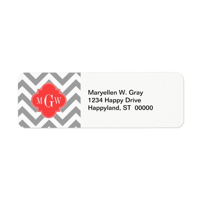 Étiquette Dk Gray Lg Chevron Coral Red Quatrefoil 3 monogram (Devant)
