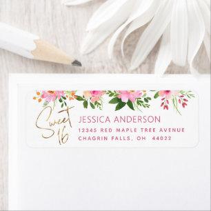 Étiquette Douce 16 Floral Rose Pâle et Or Adresse de Retour