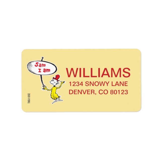 Étiquette Dr. Seuss | Sam-I-Am tenant une pancarte (Devant)