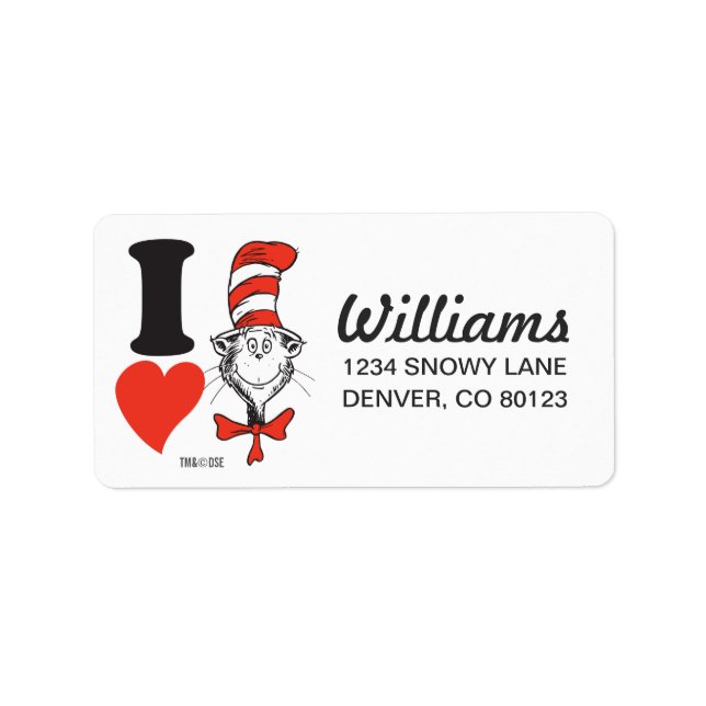 Étiquette Dr. Seuss Valentine | Je Coeur le chat dans le Cas (Devant)