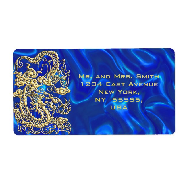 Étiquette Dragon d'or embouti sur Blue Satin (Devant)