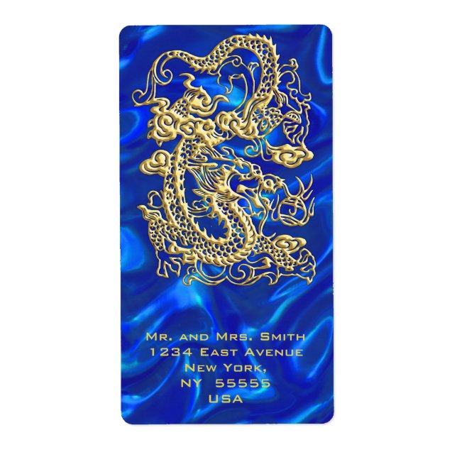Étiquette Dragon d'or embouti sur papier satin bleu (Devant)