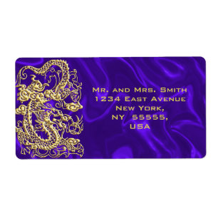 Étiquette Dragon d'or embouti sur papier satin violet
