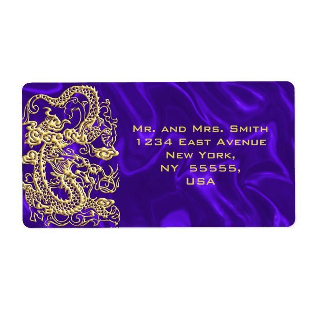 Étiquette Dragon d'or embouti sur papier satin violet (Devant)