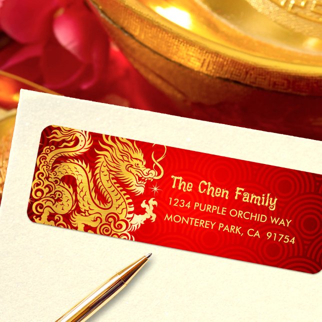 Étiquette Dragon Gold Foil Chinois Lunaire Nouvel An 2024 Ro (LINK FOR 2025 YEAR OF THE SNAKE: https://www.zazzle.com/collections/119316095761799932)